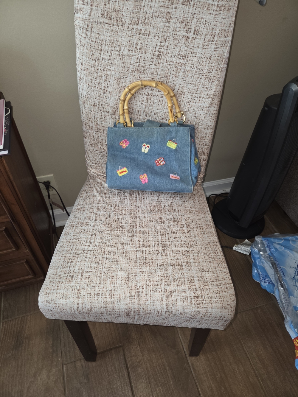 Tianni Denim Satchel with Bamboo Top Handles and Colorful Patches